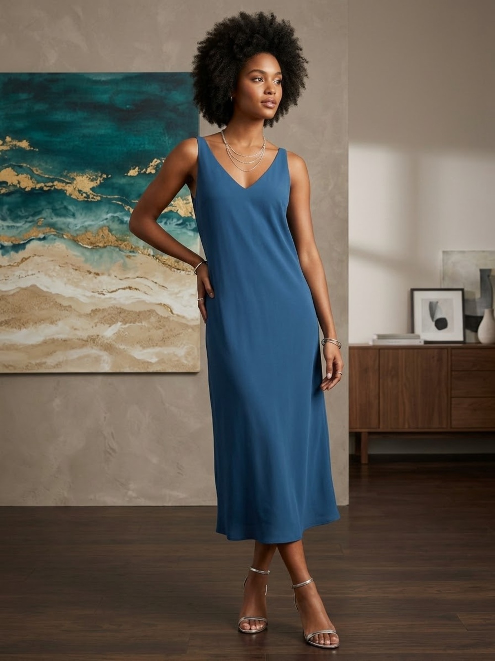 Babaton Teal Blue V-Neck Slip Dress